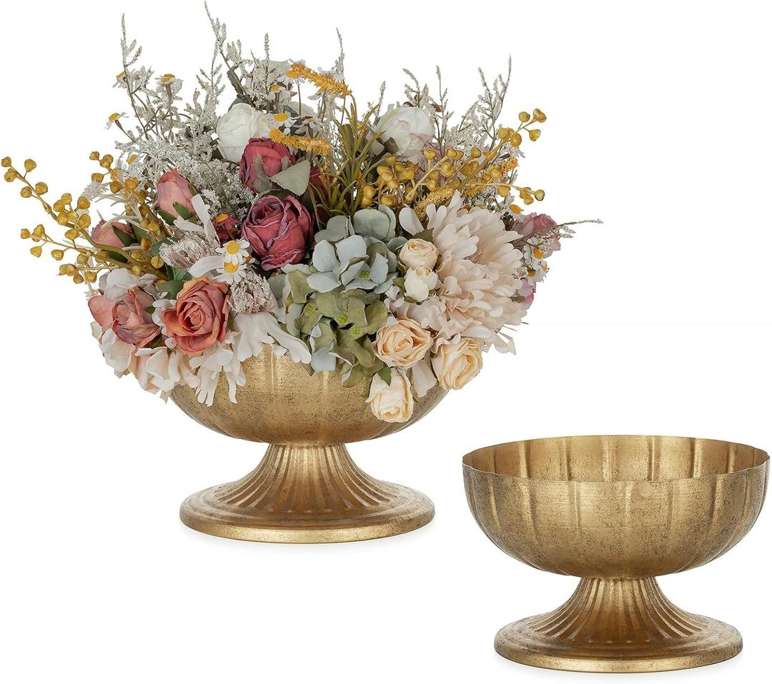 NUPTIO Distressed Gold Vases for Centerpieces: Rustic Brass Compote Vases for Flowers - Metal Pedestal Bowl Decor for Wedding Table Home Set of 2