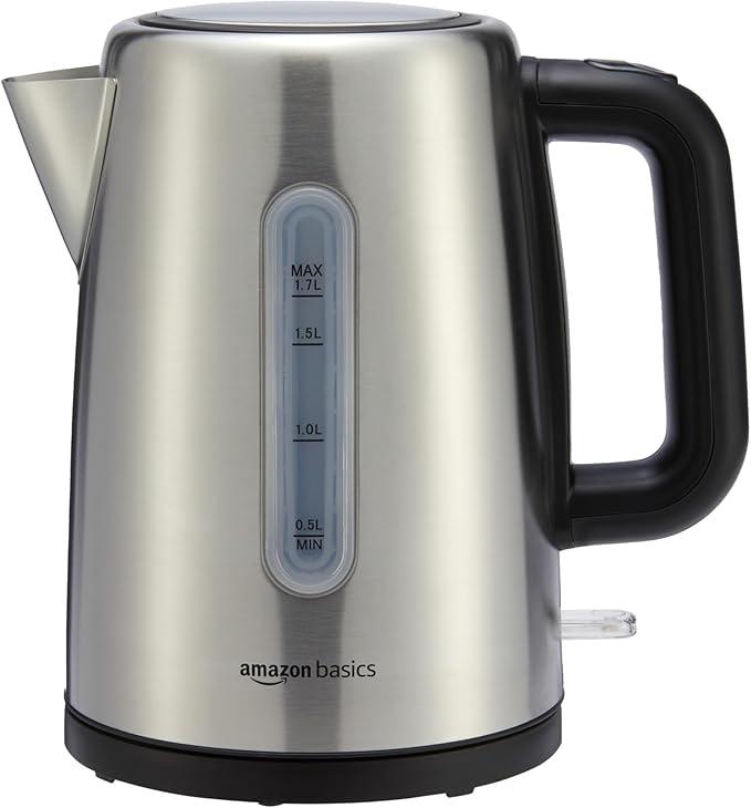 Basics Electric Stainless Steel Kettle for Tea and Coffee, BPAFree, Fast Boiling, Auto ShutOff, BoilDry Protection, 1.7 Liter, 1500W, Black and Silver