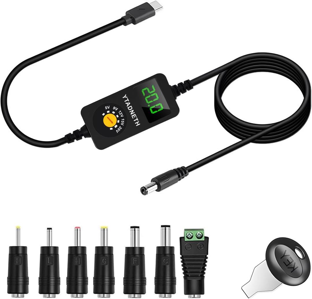 Universal USB C to DC Adapter, Barrel PD Trigger Cable, USB-C to DC 5V 9V 12V 15V 20V Adapter Cable with LED Display, for Netbook, Tablets, Led Light, Lamps, Routers