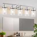 5 Lights Polished Chrome Bathroom Vanity Light,Vanity Lighting Fixtures Over Mirror, Wall Sconces with Glass Shades and Metal Base Light Fixtures for Bedroom, Living Room, Hallway