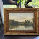 Vintage Gold Framed Landscape Wall Art Vintage River Painting Canvas Prints Landscape Wall Decor Countryside Painting Style Poster Print Artwork for Living Room Bedroom Home Decoration