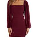 Ofenbuy Women's Mesh Long Sleeve Dress Square Neck Ruched Mini Bodycon Dress Stretch Party Cocktail Dresses, Wine Red M