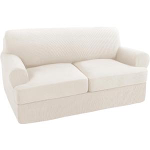 Turquoize 3 Piece T Cushion Loveseat Slipcovers Sofa Cover for 2 Cushion Couch Cover Washable Sofa Slipcover Furniture Covers with 2 Individual T Cushion Seat Covers (2 Cushion Loveseat, Cream)