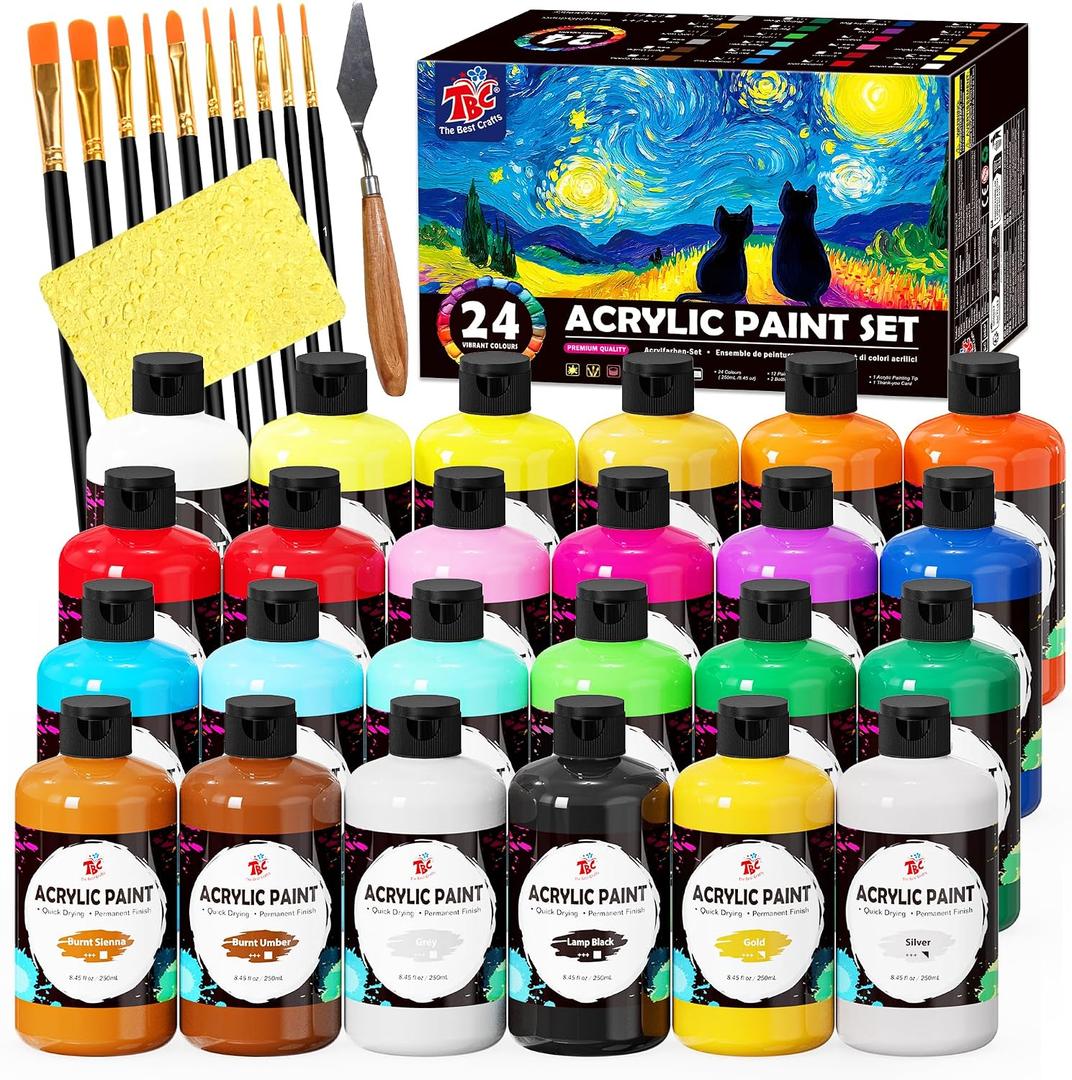 TBC The Best Crafts 24 Colors Acrylic Paint Set, 250ml (8.45oz) Each, Non-Toxic, Includes 10 Professional Brushes + Sponge + Painting Knife, for Canvas Wood Ceramic Rock Painting & DIY Crafts for Adults Artists