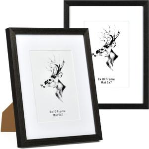 Yaetm 8x10 Black Picture Frame Set of 2, Solid Wood Photo Frames with Tempered Glass, Display 5x7 with Mat or 8x10 without Mat for Wall Mounting and Tabletop (2 Pack, Black)
