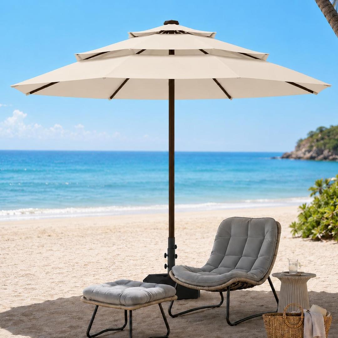 10ft Patio Umbrella, 3-Tier Vented Outdoor Table Umbrella with 8 Sturdy Fiberglass Ribs, Windproof Market Umbrella with Push Button Tilt and Crank, UV Protection for Deck, Pool, Creamy White