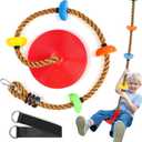 Climbing Rope Tree Swing with Platforms and Swing Seat Outdoor Playground Accessories for Kids Including Hanging Strap & Carabiner (Red-brown Rope)