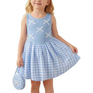 Toddler Girls Dresses Summer Sleeveless Bubble Dress Kids Crew Neck Sling Sundress with Headband and Handbag 2-8Y