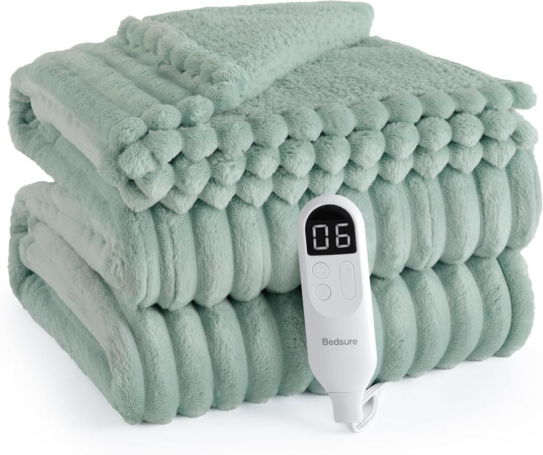 Bedsure Electric Blanket Twin - Thick Striped Flannel Electric Blanket, Heating with 10 Time Settings, 6 Heat Settings, and 8-Hour Timer Auto Shut Off, Gifts for Grandma (62x84 inches, Green) (11 - Emerald Green)