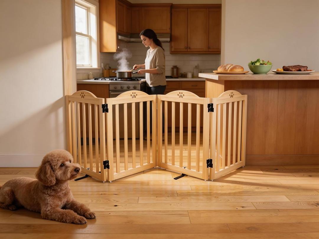Dog Gate Indoor Wooden Freestanding Pet Gate - 23.6" H 4 Panels
No-Painted Folding Gate For Dogs, Portable Foldable Doggy Puppy Fence for Doorways Stairs Hallways