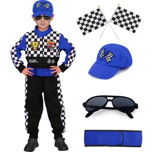 Latocos Kids Race Car Driver Costume Boys Girls Racer Jumpsuit With Car Cap Sunglasses Kids Dress Up Role Play for Halloween (M(7-9), Blue)