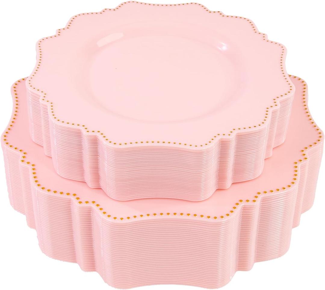 COLOSUS 60Pcs Pink and Gold Plastic Plates Set, Gold Pink Disposable Party Plates, 30pcs Dinner Plates and 30pcs Salad/Dessert Plates for Wedding, Party, Anniversary, Daily Use,Valentine's Day