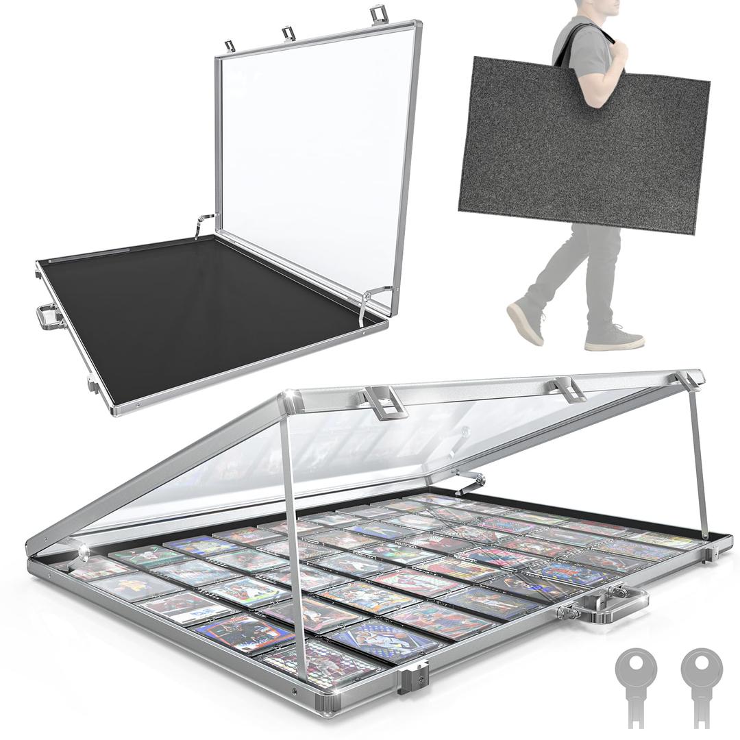 2PCS Ultra-Thin 31.4 x 23.6inch Portable Aluminum Card Display Case with Felt Tote Bag, High-Transparency Acrylic, 3 Anti Theft Locks, Sports Trading Card Show Case for Collectible Cards, Silver
