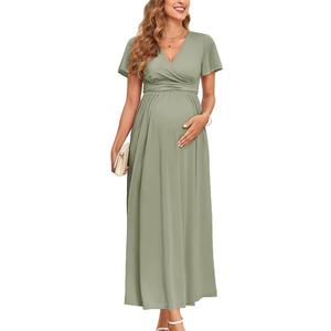 AISWI 2025 Women's Maternity Maxi Dress Long Sleeve Wrap V Neck Pregnancy Dresses with Pockets Baby Shower Photoshoot Formal, S