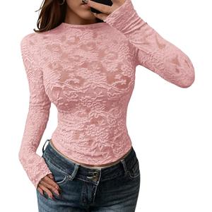 BTFBM Mesh Long Sleeve Tops for Women Lace Sexy Sheer See Through Crew Neck Tight Shirt Fall 2025 Party Club Outfits (Pink), XL
