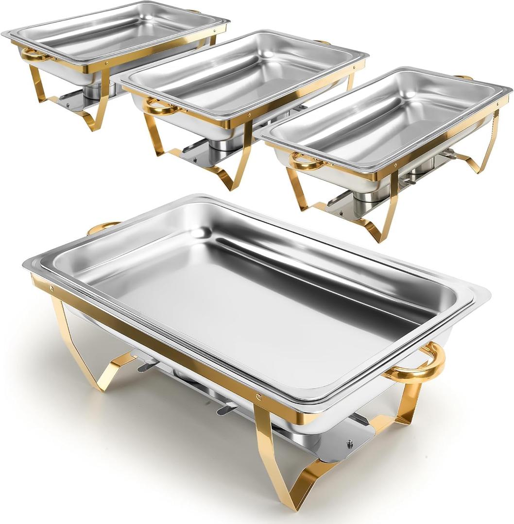 Chafing Dishes for Buffet, 4 Pack Chafing Dish Buffet Set, 9QT Elegant Gold Colors Stainless Steel with Folding Frame Chafing Dish Buffet Set, Food Warmers for Parties, Weddings, Holiday, etc
