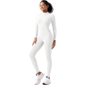 speerise Women Bodysuit Rompers Long Sleeve Jumpsuits Leotards One Piece Tummy Control Yoga Workout Outfits (Small, White)