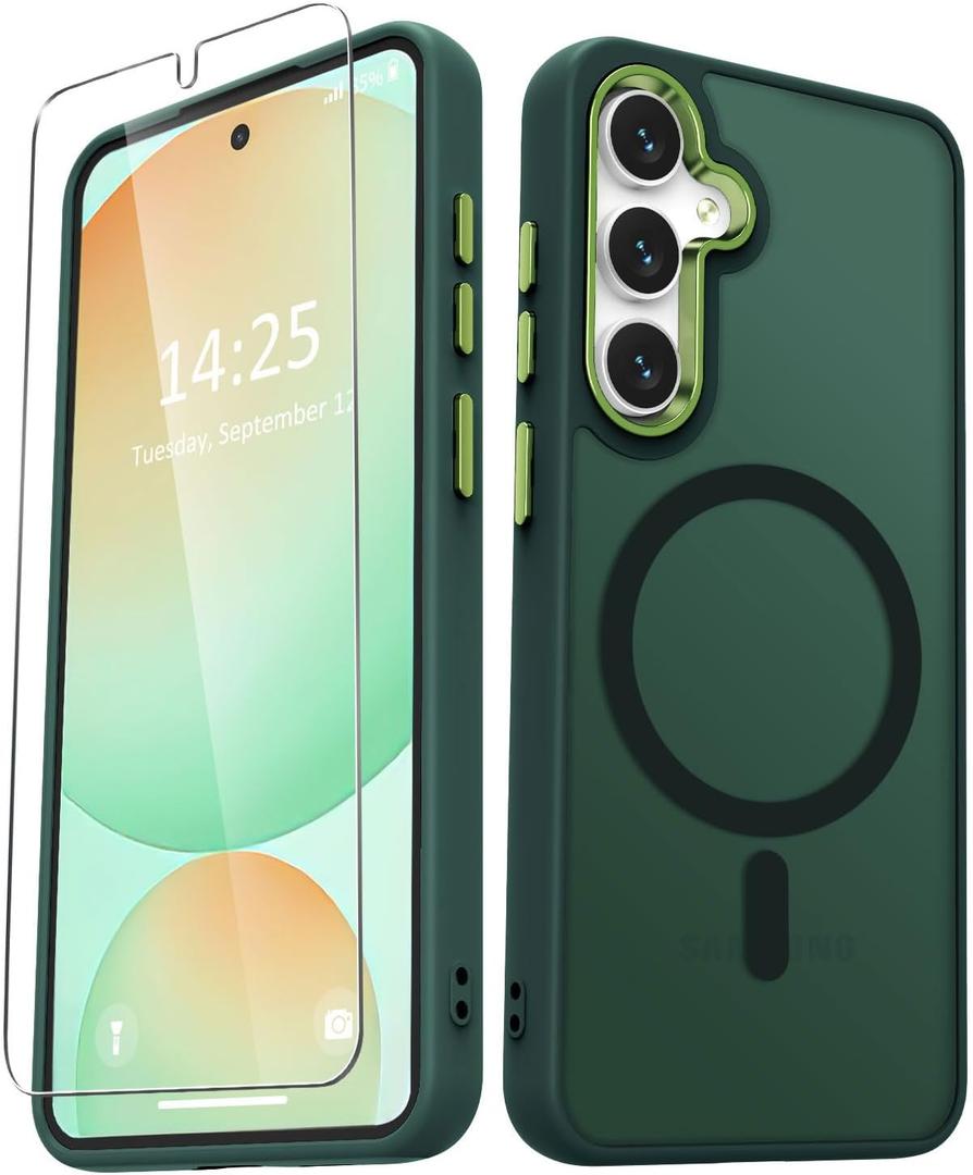 for Samsung Galaxy S24 FE Case, Matte Magnetic Phone Case with 1 Screen Protector, Support for Magsafe, Translucent Frosted Slim Shockproof Protective Cover for Samsung Galaxy S24 FE, Dark Green