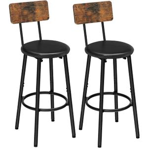 HOOBRO Bar Stools, Bar Stools Set of 2 with PU Upholstered, Bar Chairs with Footrest and Back, 26" Bar Stools for Kitchen Island, Dining Room, Easy to Assemble, Rustic Brown and Black BF31BY01G2, 13"L x 13"W x 36.6"H
