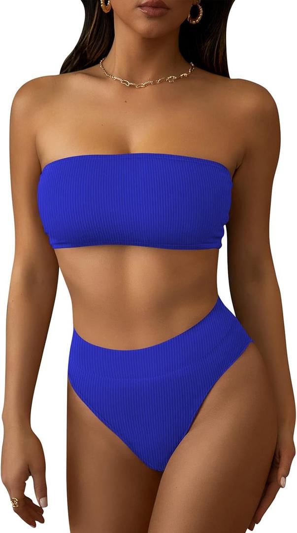 Pink Queen Women's Ribbed High Waisted Bikini Set Removable Strap Bandeau Swimsuit (L)