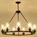 Black Wagon Wheel Chandelier 32 Inch Modern Farmhouse Glass Pendant Light 9-Light Ceiling Hanging Lighting Fixtures for Living Room Dining Room Kitchen Island Foyer