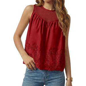 Tankaneo Womens Lace Tank Tops Summer Casual Mesh Loose Fit Sleeveless Blouses Pleated Crew Neck Tees Shirts (S)