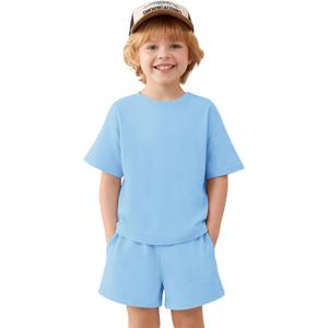 Haloumoning Toddler Baby Boy 2 Piece Outfits Kids Short Sleeve T-Shirts Elastic Waist Shorts Summer Clothing Sets 9M-8Y (5-6 Years, Blue)