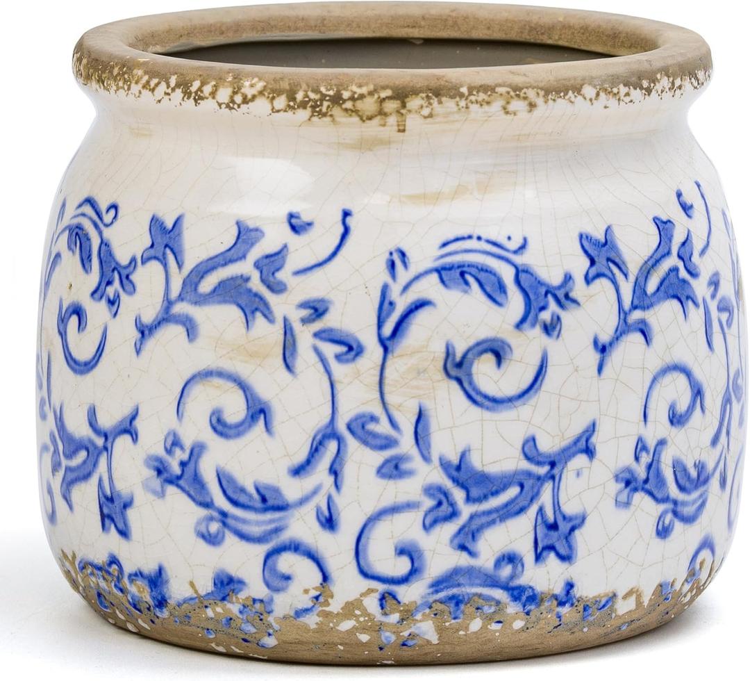 Flower Pot,Vintage Ceramic Pot for Planter with Drainage Holes, 6.29 inch Ice Crack Glazed Indoor Planters Pot for Indoor,Tuscan Home Decor,Gardening Gifts,Blue and White (Tropical)