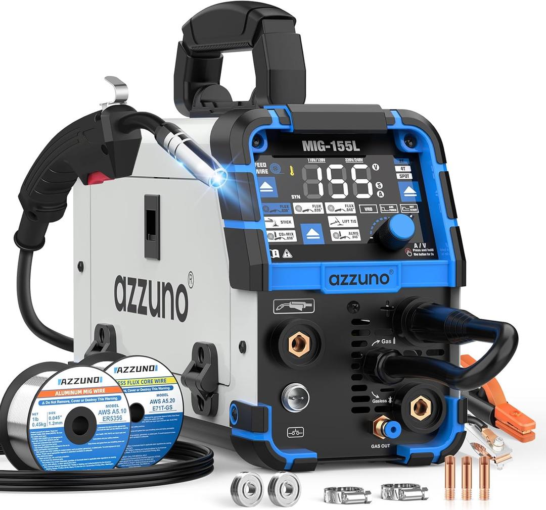 AZZUNO Aluminum MIG Welder 155A 110V/220V, 5 in 1 Welding Machine with Gas MAG/Aluminum MIG/Gasless Flux Core MIG/Stick/Lift TIG Welding, Multiprocess Wire Feed Welder Machine