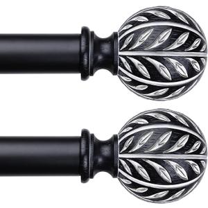 2 Pack Black Curtain Rod 36-60 Inch, Decorative Farmhouse Curtain Rods for Windows, 1 Inch Adjustable Heavy Duty Vintage Rustic Window Treatment Rods with Faux Wood Grain Leaf Finials