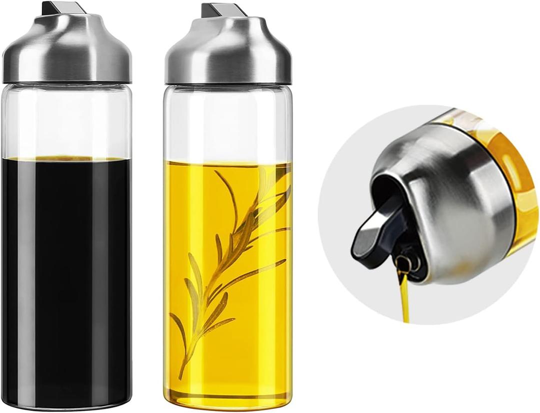 Aelga Olive Oil Dispenser - 14 OZ Glass Oil and Vinegar Dispenser Bottles Set for Kitchen No Drip-Set of 2 (Silver)