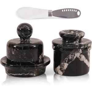 Marble Butter Keeper and Butter Dish Set with Lid, Black Zebra Countertop Storage for Spreadable Butter, Elegant Kitchen Decor and Table Use