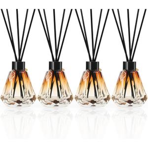 Reed Diffuser Set - 4 Empty Bottles with 20 Sticks, Delicate Gold Leaf Decor, Glass Fragrance Diffuser with Lids for Home, Bathroom | Refillable, Diamond Style (4 PCS Black)