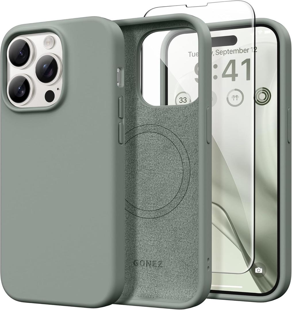 GONEZ Magnetic for iPhone 14 Pro Case, [Compatible with MagSafe] Anti-Scratch Microfiber Lining & Screen Protector, Shockproof Slim Phone Silicone Cover 6.1 inch, Calke Green