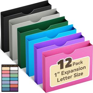 ANSOOK Reinforced Plastic File Jackets,Heavy Duty 1" Expansion Pocket File Folder,12 Pack Manila File Pockets,Letter Size Filing Cabinet Folder,Straight Cut Tab,Colored Job Folder for Office School