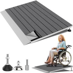 Threshold Ramps for Wheelchairs, Adjustable Height 1.8"-5.3" and 24"x36" Platform Aluminum Wheelchair Ramp, Door Threshold Ramps with a Non-Slip Thick Door Mat for Scooters, Power Chairs, Cart