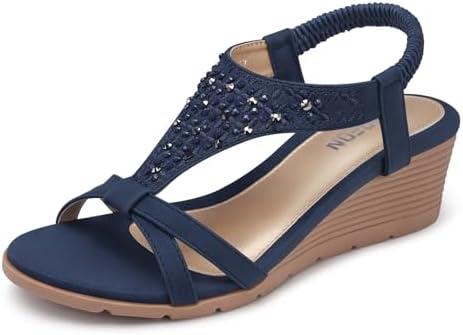 TEMOFON Women's Low Wedge Heels Summer Dressy Platform Sandals Elastic Ankle Strap Open Toe Flower Shoes Size 38