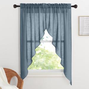 RYB HOME Kitchen Window Curtains Valances - Light Filter Semi Transparent Short Curtains for Small Window, Bathroom, Basement, Cafe, Living Room, Home Decor, W 36 x L 63, Stone Blue, 1 Pair