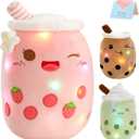 Athoinsu Light Up Strawberry Milky Tea Plush Pillow 15'' Kawaii Stuffed Bubble Animal Toy with LED Lights Birthday Christmas Holiday Valentines Gifts for Kids,Girls,Boys (Medium, Pink)
