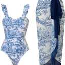 YUNAR Women Retro Deep Plunging One Piece Monokini Swimwear with Sarong Cover Up 2 pcs Set, Medium