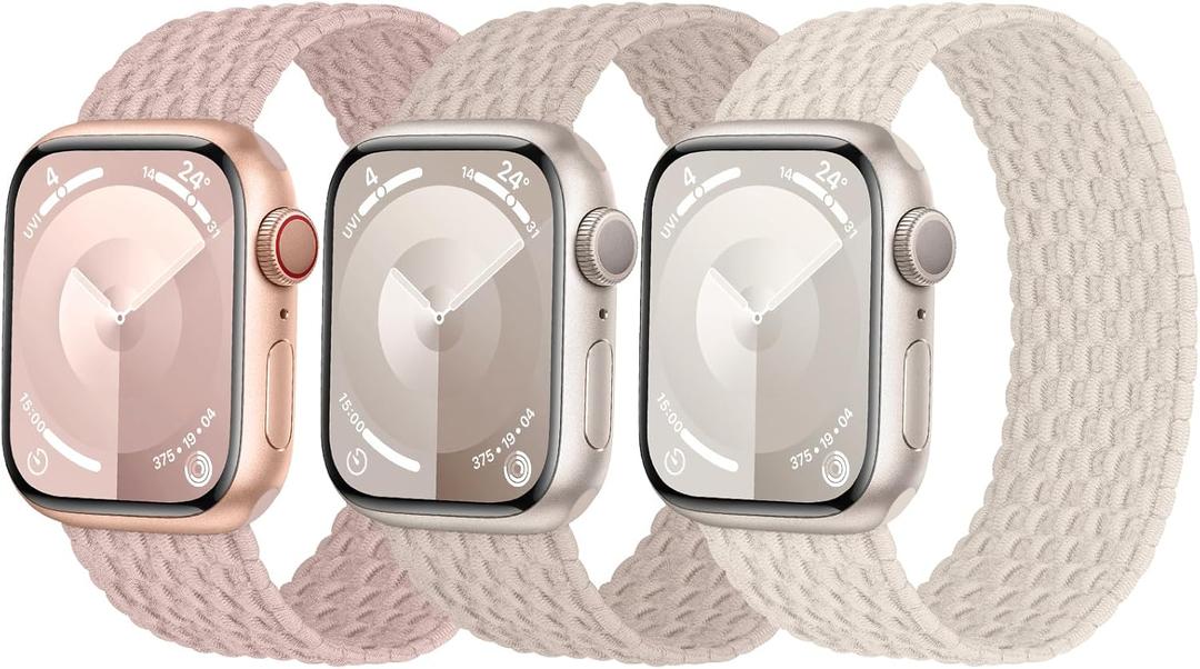 3 Pack Stretchy Braided Solo Loop Compatible with Apple Watch Band 40mm 41mm 42mm 38mm 44mm 45mm 46mm 49mm Women Men, Elastic Nylon Solace Straps for iWatch Series 10 9 8 7 6 5 4 3 Ultra 2 SE 2 (Pink/Starlight/Milktea)