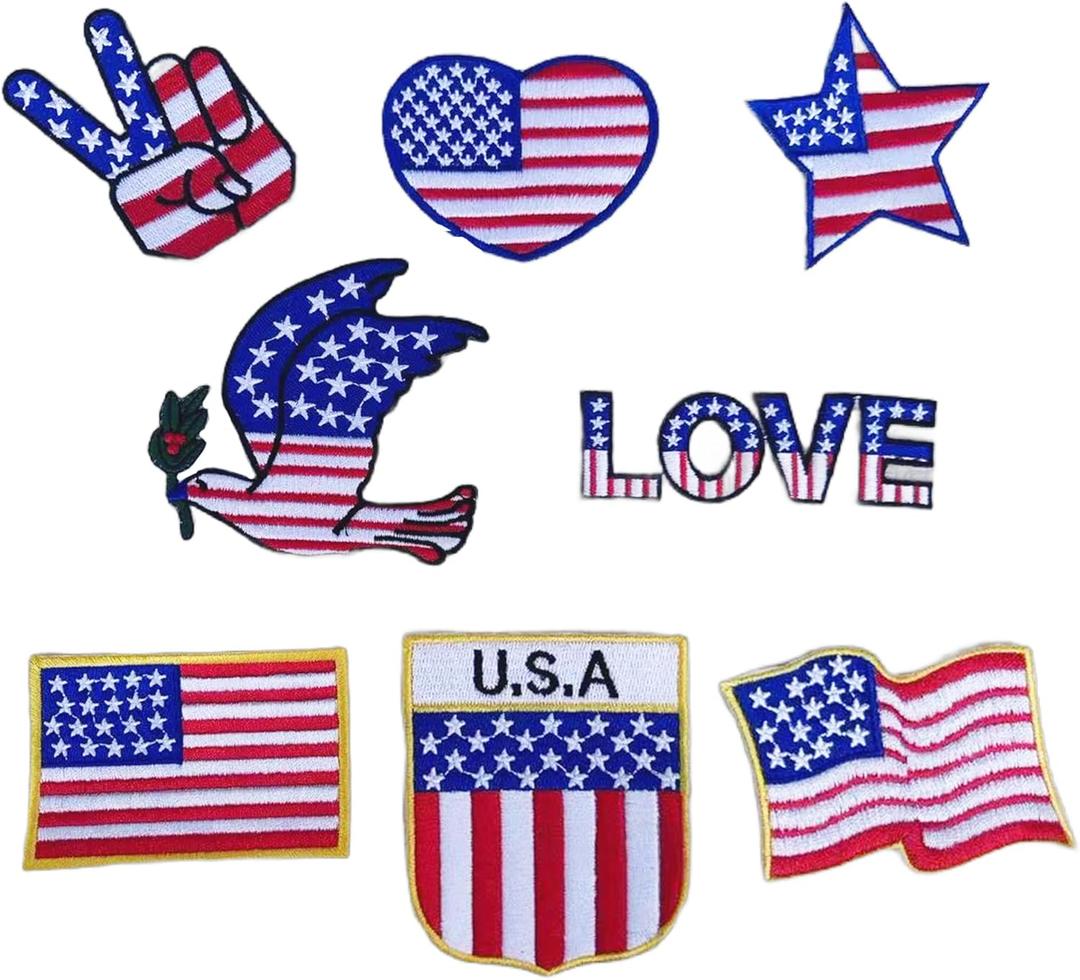 4th of July Iron-On Patches Embroidered, Patriotic Stars & Stripes Appliques for Clothing, Bags, Hats - Washable & Fade-Resistant(Independence Day 8Pcs)