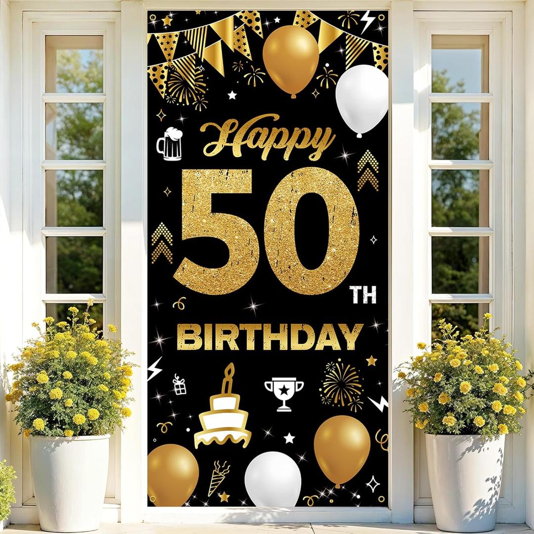 50th Birthday Decoration Men Women, Fabric Happy 50th Birthday Banner Backdrop Black Gold, 50 Year Old Birthday Party Yard Sign Photo Props Door Decor Supplies Him Her, Sturdy(3 x 6.1ft)