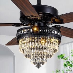 Crystal Chandelier Ceiling Fan with 3-Light, Farmhouse Fandelier with Remote - Silent DC Motor, K9-Crystal, Wood Blades, 3-Speed and Timing, Energy-Efficient Ceiling Fans for Living Room (52" Black)