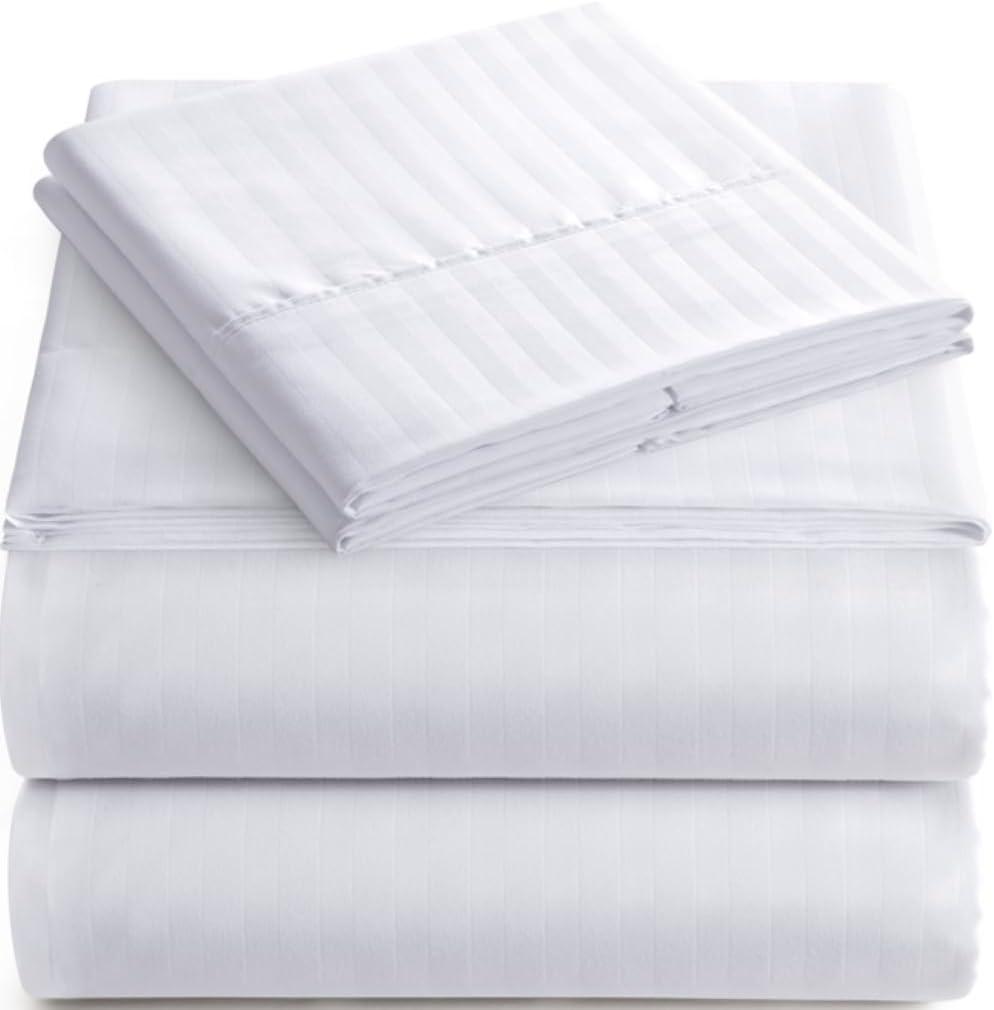 Queen Italian Prestige Collection Striped Bed Sheet Set  1800 Luxury Soft Microfiber Deep Pocket 4-Piece Bedding Set - Wrinkle, Stain, Fade Resistant - White