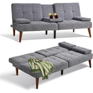 COLAMY Futon Sofa Bed-Fabric Small Futon Couch, Convertible Design with 2 Cup Holders, Removable Soft Armrest, Adjustable Backrest for Dorm/Bedroom/College Lightgrey