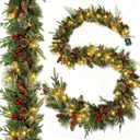 9ft Prelit Christmas Garland with Pinecone Norfolk Cedar Frosted Needles Berries, Lighted Christimas Garland for Stairs Railing Battery Operated, Xmas Decorations for Fireplace Mantel Staircase Table