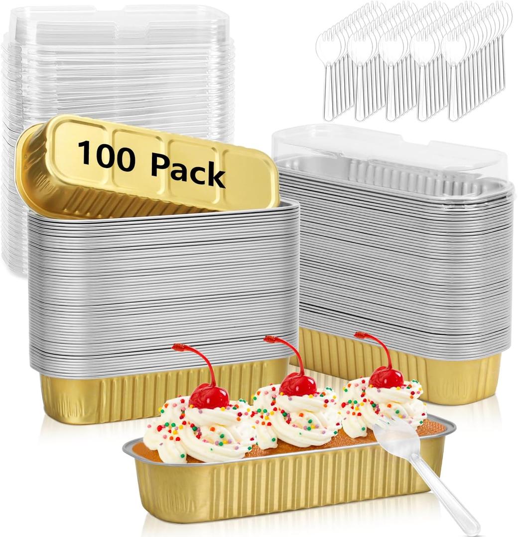 Ruckae 100 Pack Mini Loaf Pans with Lids and Spoons Disposable Aluminum Tin Foil Pans Rectangle Mini Loaf Cake Pan for Baking,Party,Picnics,Gifts (Gold)