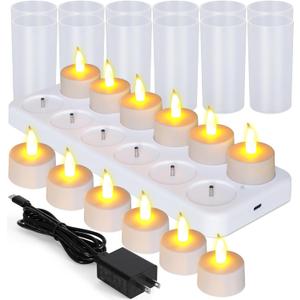 Esup Rechargeable Candles Flameless Flickering Candles Tealights 12pcs/Set with White Base, Decoration Parties, Weddings, Bar, Family, Dinner Outdoor Picnic