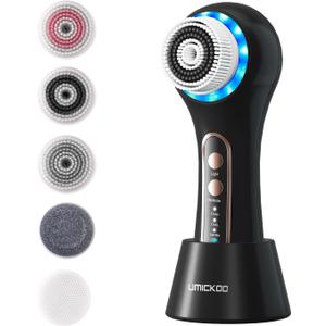 Face Scrubber Exfoliator,Facial Cleansing Brush Rechargeable IPX7 Waterproof with 5 Brush Heads,Electric Face Spin Brush for Exfoliating, Massaging and Deep Cleansing (Black+Gold)